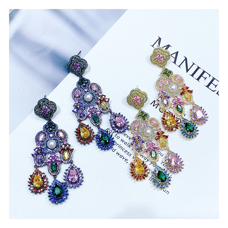 CZ Floral Earrings with Water Drop Pendants 7056