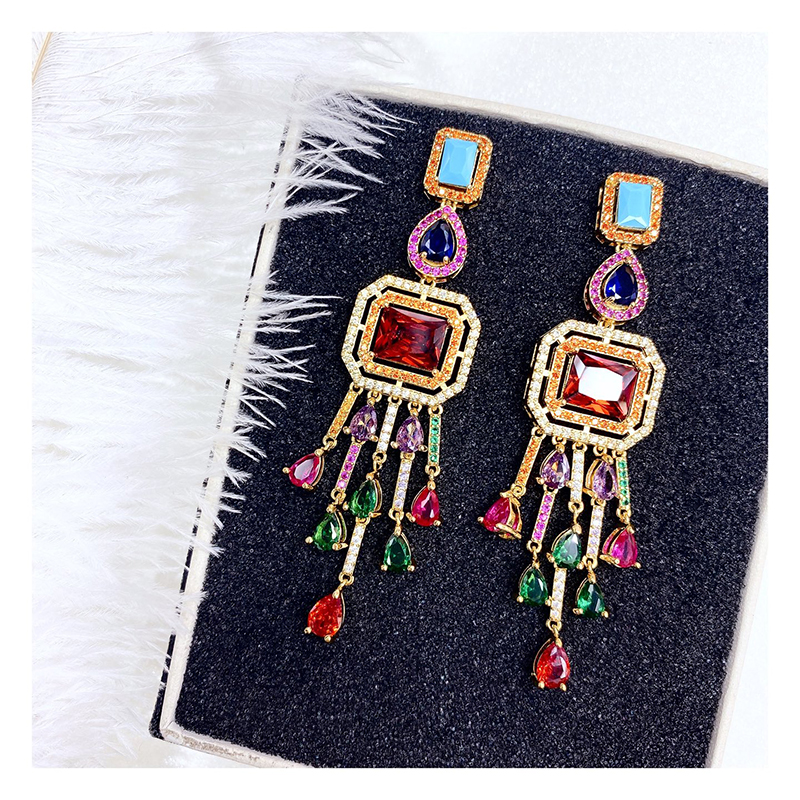 CZ Earrings with Multi Tassel Pendants 8133
